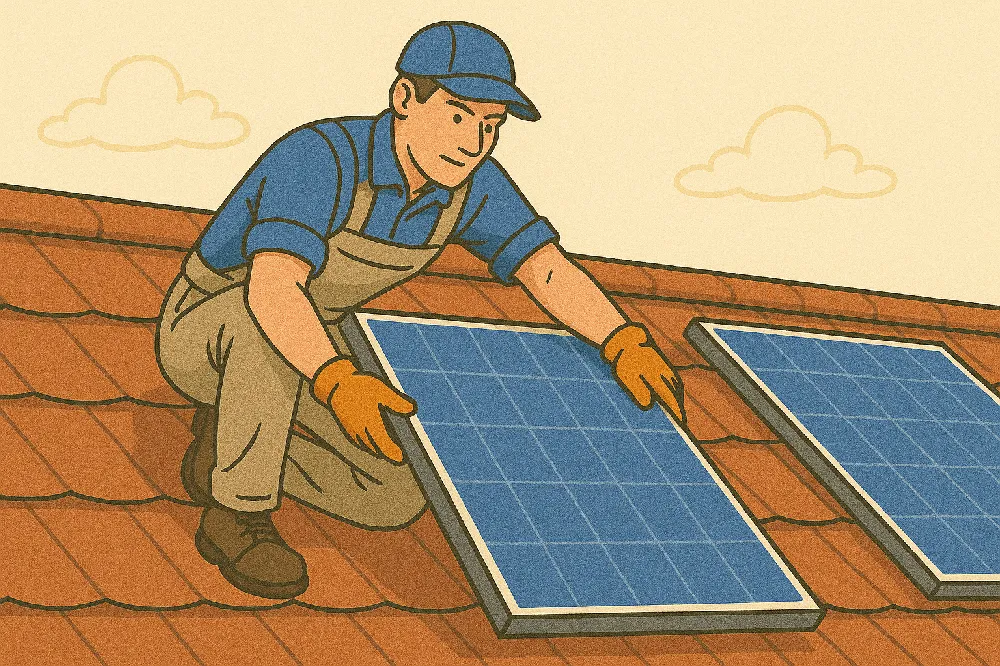 Technician carrying a solar panel during installation.